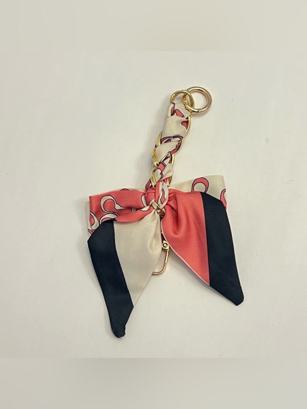 Bow tie Bag Charm (Pink and white, gold chain) Unbranded